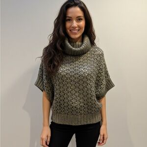 Anthropologie Hazel Open Knit Short Sleeve Cowl Neck Sweater Top Gray Green Gold